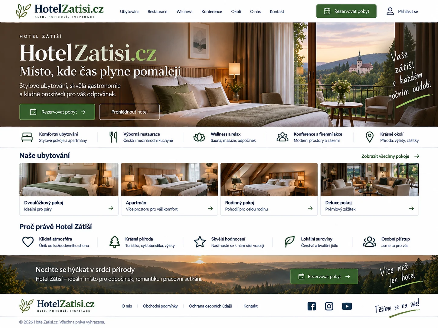 Ilustrační návrh HotelZatisi.cz jako hotelu v přírodním prostředí s pokoji, gastronomií, wellness a rezervací pobytu